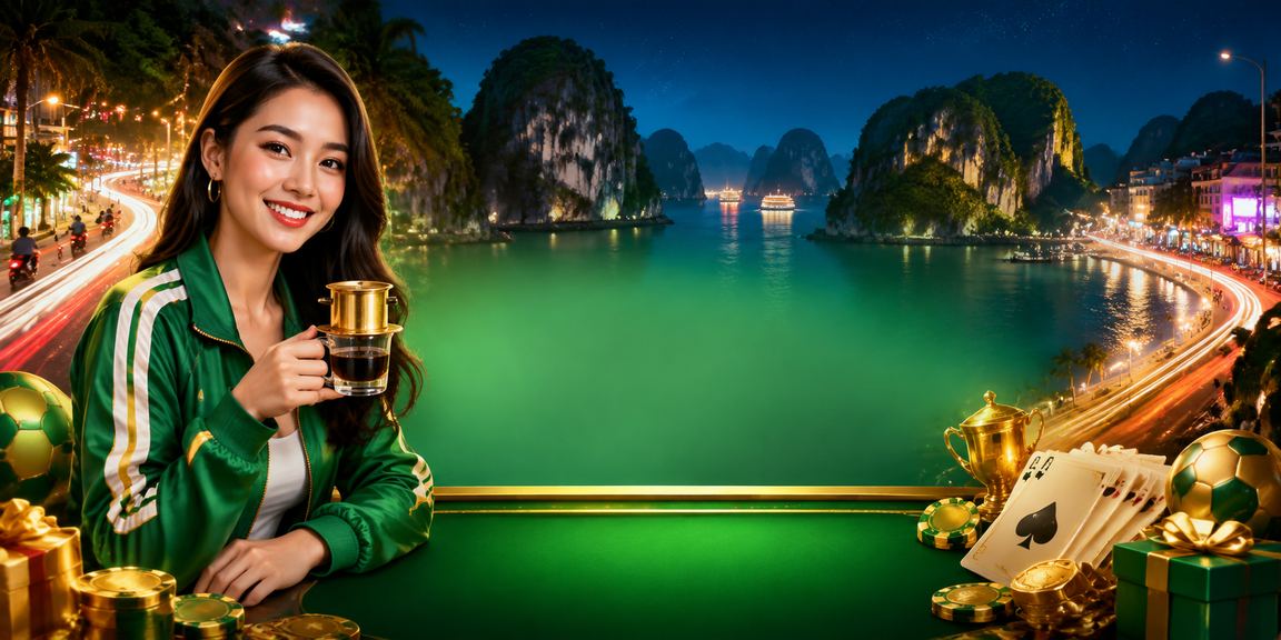 Người dùng tại vịnh Hạ Long thưởng thức cà phê và chơi game bài trực tuyến trên điện thoại