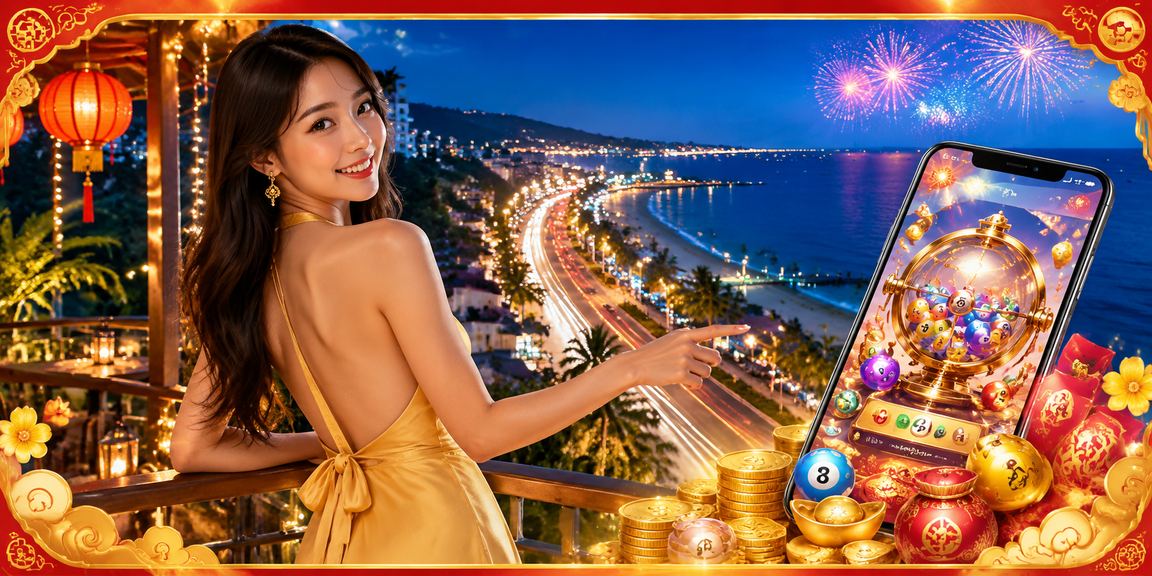Người dùng tại bãi biển Mũi Né thư giãn và tham gia xổ số trực tuyến trên điện thoại di động